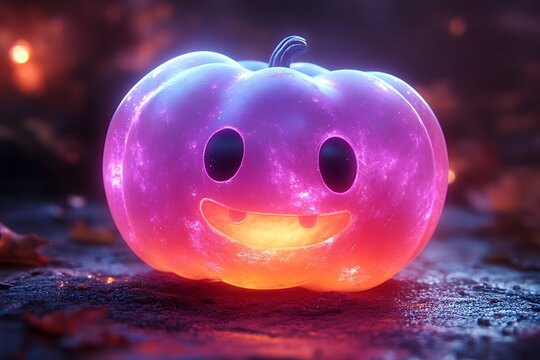 Glowing purple and orange Halloween pumpkin with happy face on dark ground image