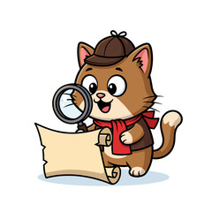 Cartoon Cat Detective with Magnifying Glass and Scroll Investigating - Mysterious Vector