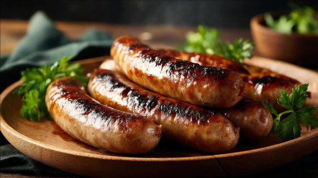 Close-up of grilled sausages and pancetta on a rustic wooden board, garnished with fresh herbs. Appetizing presentation for meat lovers.