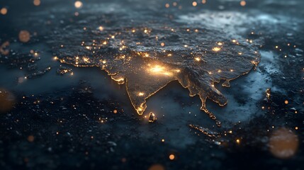 Illuminated aerial view of the Indian subcontinent during Diwali festival celebrations showcasing vibrant lights