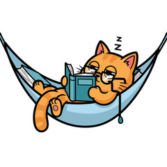 Sleepy Cartoon Orange Cat with Glasses Napping in Hammock While Reading Book