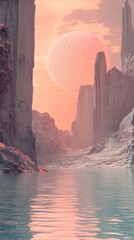Tranquil Lake Reflecting Dreamlike Landscape with Large Celestial Body
