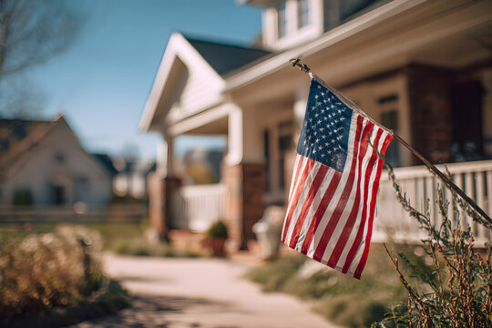 American flag waving in front of a charming home on a sunny day in a quiet neighborhood, United States flag in front of a home