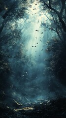 Sunlight Streaming Through Mystical Forest with Birds