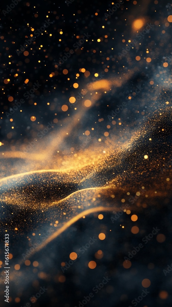 Poster abstract golden particle waves flowing in space