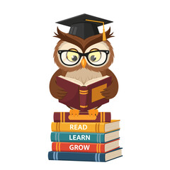 Wise Owl in Graduation Cap Reading Book on Stack of Books with Read Learn Grow