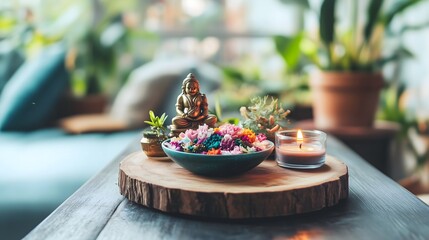 Beautifully arranged housewarming gift setup for Diwali celebration with flowers, candles, and a statue