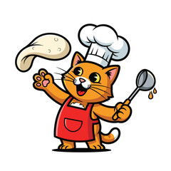 Happy Cartoon Cat Chef Tossing Pizza Dough with Ladle
