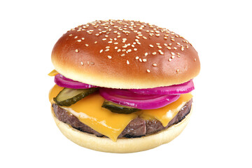 a hamburger with cheese pickles and onions