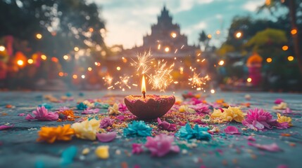Brightly lit diyas and vibrant flowers illuminate a joyful Diwali celebration during sunset at a temple
