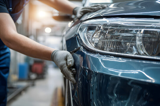 Checking car body work fiber bumper at car garage