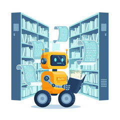 AI Robot Reading Book with Floating Text Scrolls in Digital Library