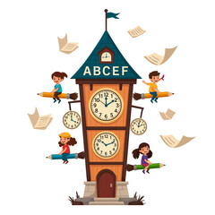 Children Flying on Pencils Around Clock Tower for Timeless Learning