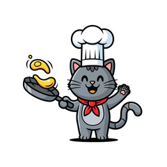 Happy Cartoon Grey Cat Chef Flipping Egg in Frying Pan