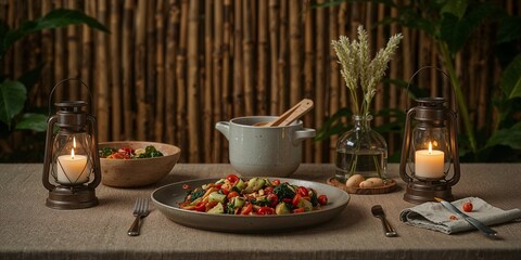 Dinner setting with pasta salad, lanterns, and rustic decor against a bamboo background scene