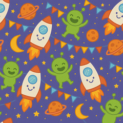 Cute Cartoon Space Alien Rocket Moon Star Seamless Pattern Design