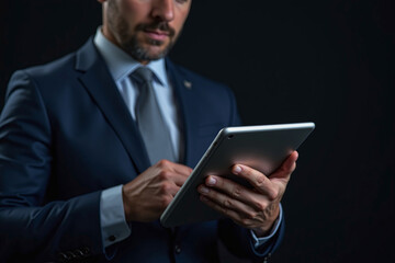 Businessman holding tablet with blue glowing effect in dark background
