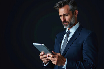 Businessman holding tablet with blue glowing effect in dark background