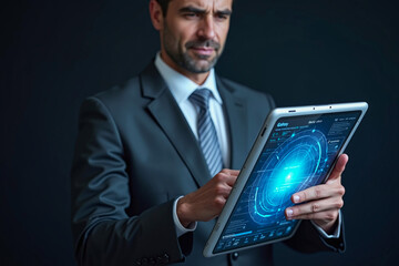 Businessman holding tablet with blue glowing effect in dark background
