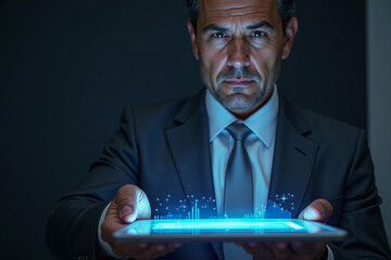 Businessman holding tablet with blue glowing effect in dark background