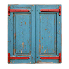 Isolated Old Blue Wood Shutter With Red Hinges On Transparent Background