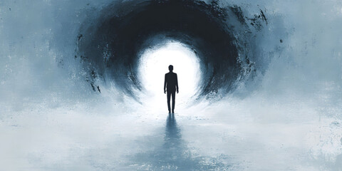 Silhouette Walking Toward Light in Dark Tunnel