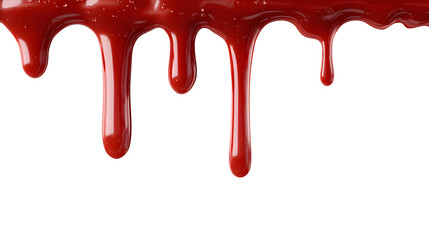 Red jam or syrup drip isolated on white. Sweet, glossy texture for dessert, food design, or candy visuals.
