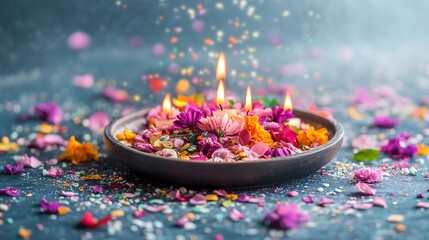 Celebration of Diwali with an Indian Arti tray filled with lit tea lights and vibrant flower petals