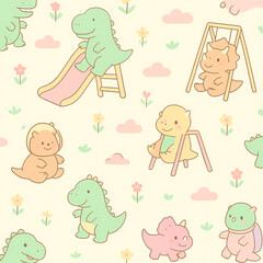 Fototapeta premium Cute Handdrawn Dinosaur and Animal Playtime Seamless Surface Pattern