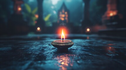 Traditional brass diya illuminating a quiet evening during Diwali celebrations in a peaceful outdoor setting