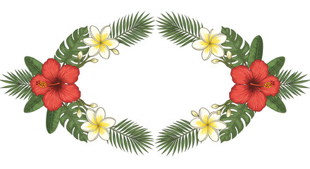 Tropical Floral Frame with Red Hibiscus and Plumeria on White