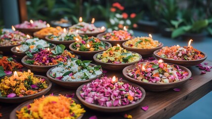 Celebrating Diwali with an Arti tray filled with lit tea lamps and vibrant flower offerings