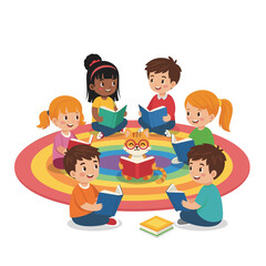 Diverse Children and Cat Reading Books Together on a Rainbow Rug, Early Literacy and Friendship Concept