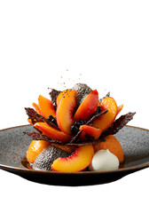 Isolated Peach Dessert Illustration On Black Background With Chocolate And Cream