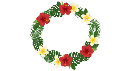 Floral Wreath with Red Hibiscus and Yellow Plumeria Flowers on White