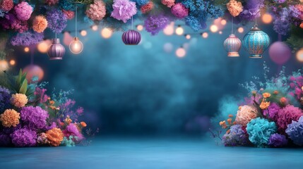 Vibrant and festive Diwali decorations with colorful flowers and traditional lanterns creating a joyful atmosphere