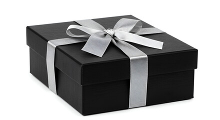 Elegant Black Gift Box with Silver Ribbon on White Background