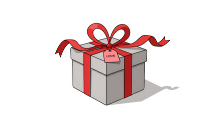 Gift Box with Red Ribbon and Love Tag on White Background