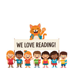 Fototapeta premium Diverse Group of Happy Children and Cat Mascot Holding 'WE LOVE READING!' Banner, Promoting Literacy