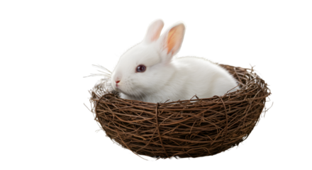 Isolated Photo Of A White Rabbit In A Nest On Transparent Background