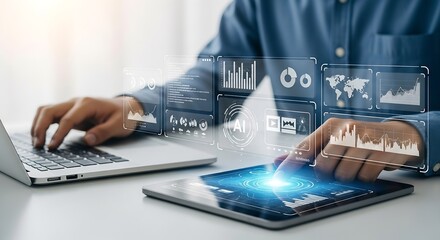Man analyzing AI data on tablet and laptop, displaying interactive dashboards, charts, and global data visualizations in a bright office setting, emphasizing technology and business intelligence.