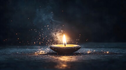 Lighting of a traditional Indian diya during Diwali celebrations in a dimly illuminated setting
