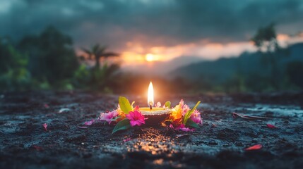 Celebrating Diwali with a single diya oil lamp glowing at sunset surrounded by flowers and nature