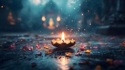 Brightly glowing brass diya illuminates the festive atmosphere of Diwali celebrations in a serene setting