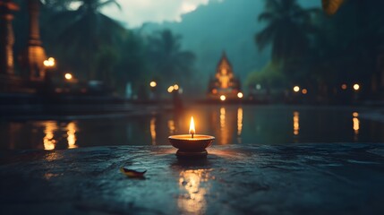 Brass diya illuminated by fire amidst the tranquil setting of Diwali celebrations near a serene water body