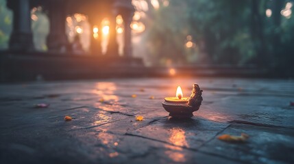 Single brass diya glows brightly during Diwali celebration in a serene outdoor setting at dusk