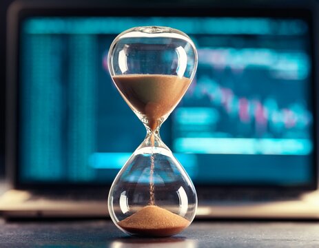 an hourglass melting in front of a computer screen representing time and creativity