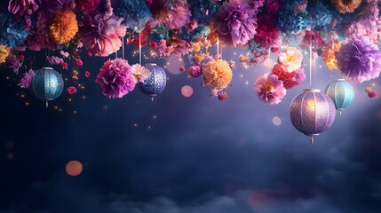 Celebrate Diwali with vibrant flowers and lanterns creating a festive atmosphere of light and joy