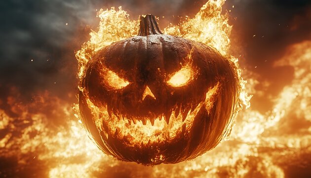 Jackolantern with glowing eyes and teeth engulfed in flames halloween pumpkin