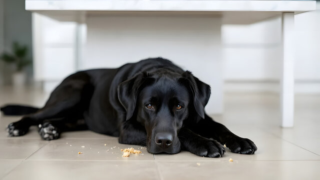 Black Labrador dog lying under table on kitchen floor  